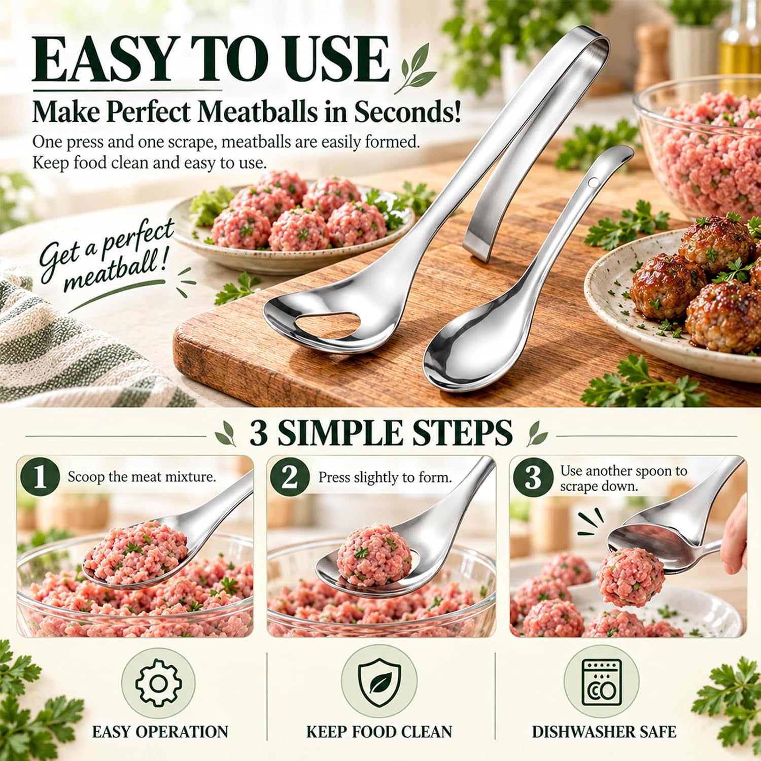 Meatball Spoon, Stainless Steel Meatball Maker,Meatball Maker Press Tool, Manual Meatball Mold Scoop,Stainless Steel Creative Meat Ball Maker Machine for Meatballs, Fish Balls, Rice Balls (1 Set)