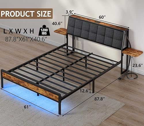 Miniatura 2 de Furnulem Base de cama de plataforma Queen con estante de noche y estación de carga USB, base de cama tapizada tamaño Queen con cabecera de