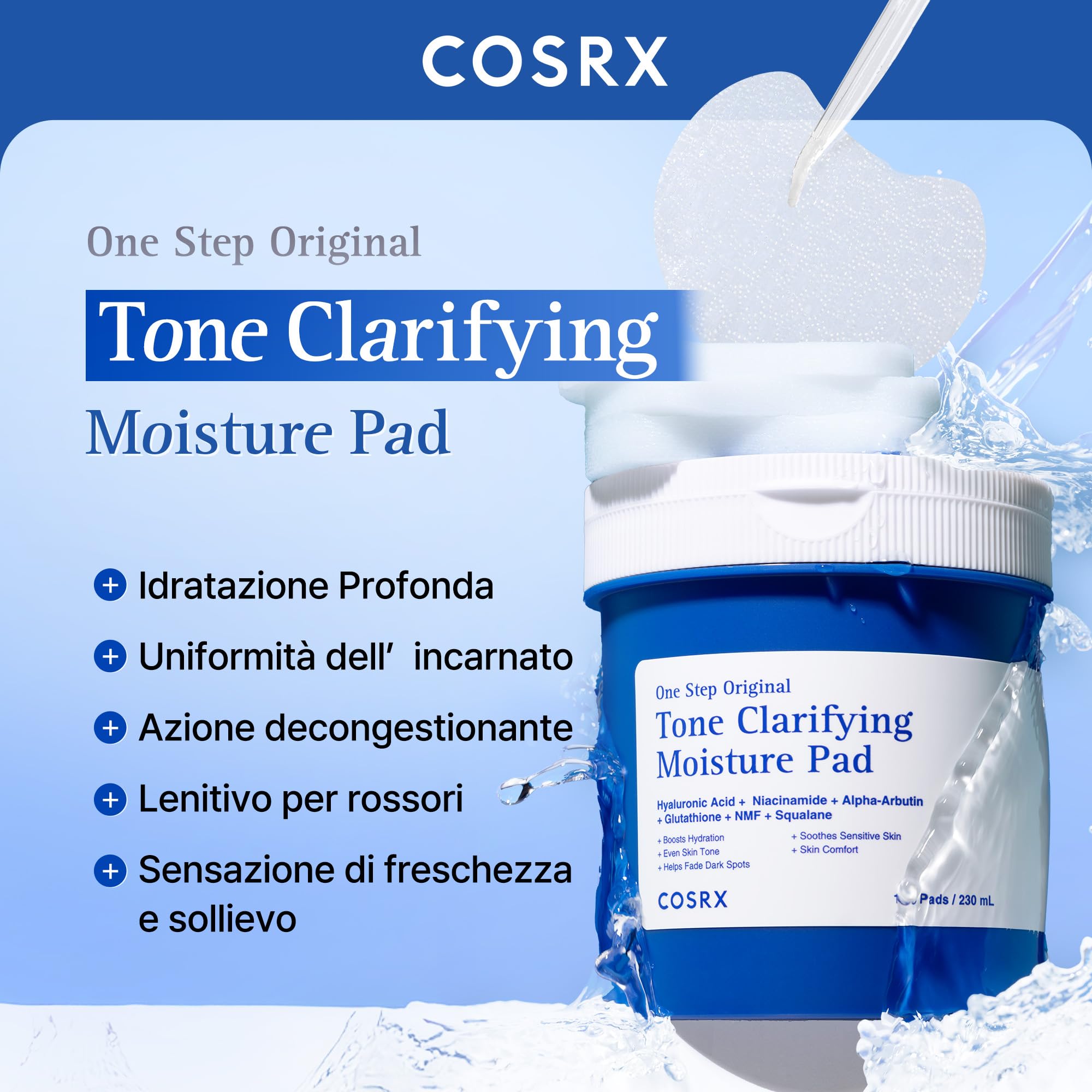 COSRX OneStep Original Tone Clarifying Moisture Pad, 100 Pads, Daily Toning Pad for Skin Texture & Idration & Evening Skin Tone with Arbutin, Glutathione & 12 Acidi ialuronici, Korean Skin Care
