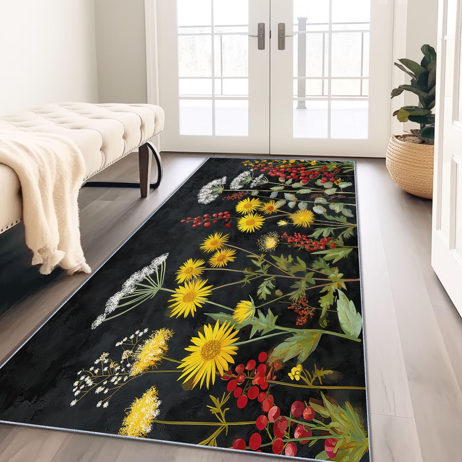 Tapis de cuisine lavable et antidérapant 80x240 cm à poils courts motif fleurs