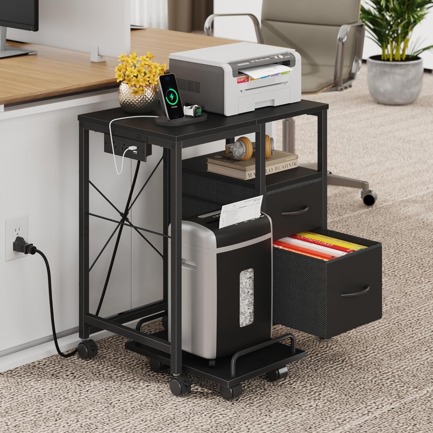 YAOHUOO Printer Stand with Power Outlet/Fabric Drawers, Printer Cabinet with Storage Shelf and Rolling Shredder Stand, Printer Table for Home Office, 22.8"×15" Black