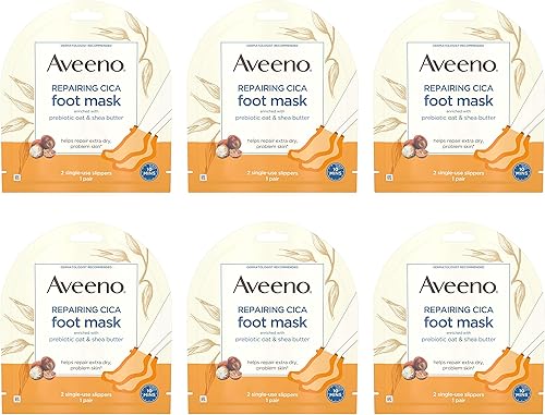 Aveeno Repairing CICA Foot Mask with Prebiotic Oat and Shea Butter, Moisturizing Foot Mask for Extra Dry Skin, 6 Pairs of Single-Use Slippers