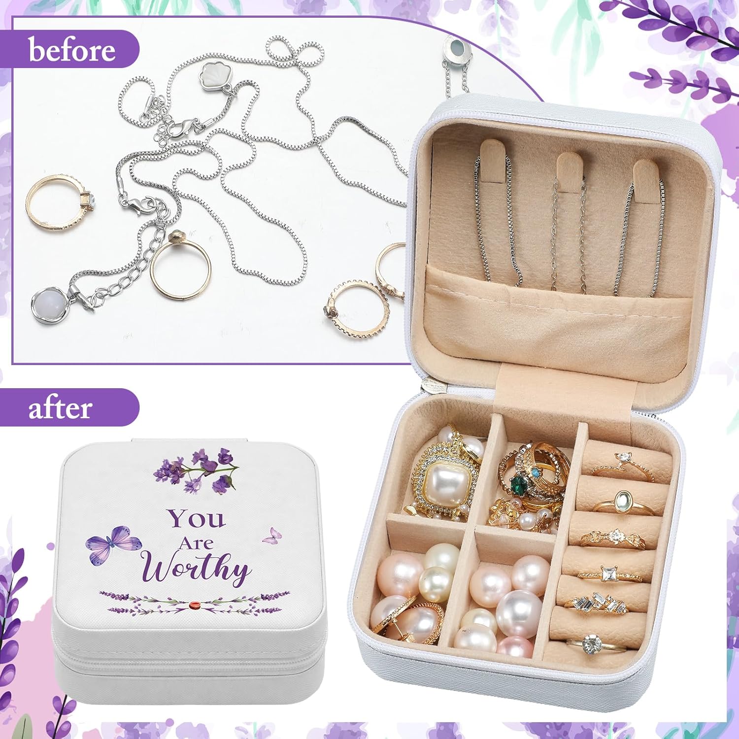 Kacctyen 12 Pcs Mini Travel Jewelry Case Bulk You Are Loved Mother's Day Church Gift Bulk Purple Butterfly Gift for Secretary Mother Girls Leather Travel Jewelry Case Mothers Day Church Gifts