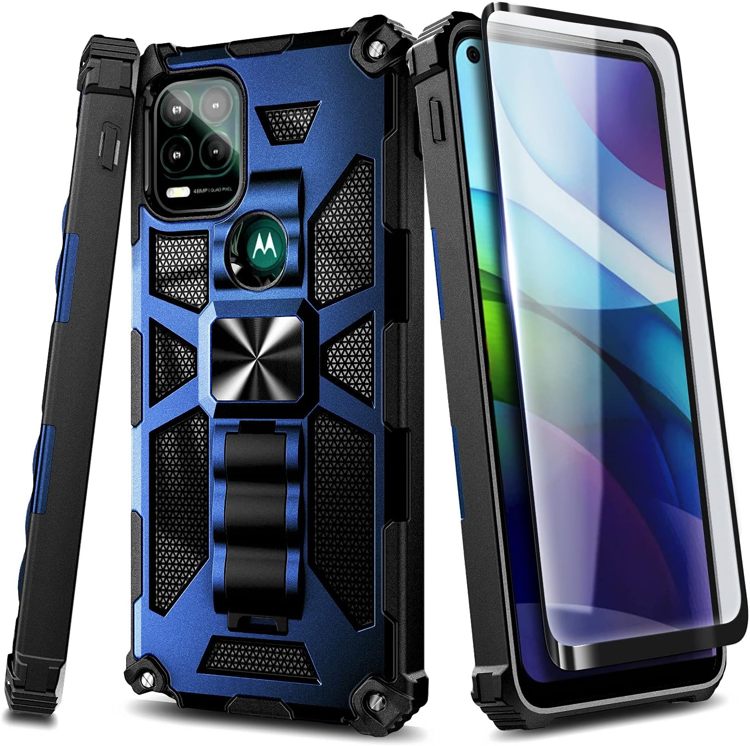 NZND Case for Motorola Moto G Stylus 5G with Tempered Glass Screen Protector (Maximum Coverage), Full-Body Protective [Military-Grade], Built-in Kickstand, Heavy-Duty Phone Case (Blue)