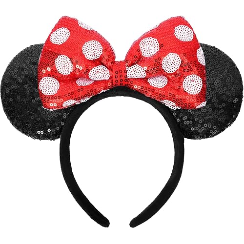 UNSPAZ Mouse Ears Headbands, Sequin Mouse Ears for Women Girls Boys, Shiny Bow Headband for Cosplay Costume Party Decorations Hair Accessories (Polka Dots)