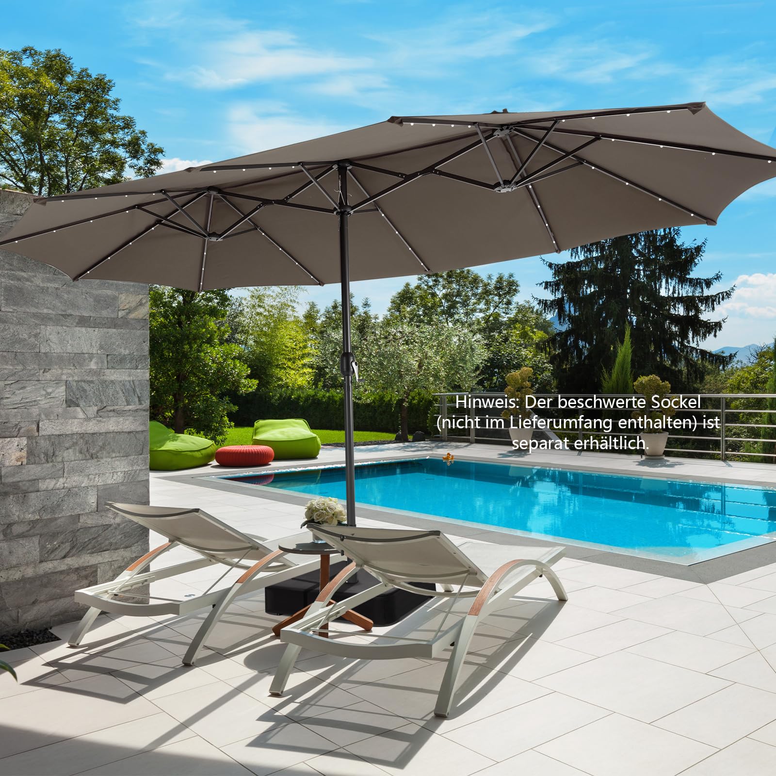 COSTWAY Podwójny parasol przeciwsłoneczny z oświetleniem solarnym LED, 450 x 260 cm, rozmiar XXL, UPF 50+, parasol ogrodowy z korbą, parasol tarasowy, Podstawa parasola nie jest dołączona, (brązowy)