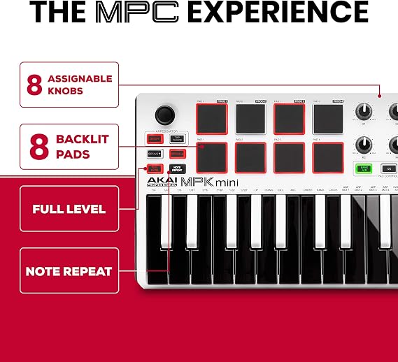 AKAI Professional MPK Mini MKII LE White - 16 arkadan aydınlatmalı pad, 8 atanabilir Q-link kontrolü ve 4 yönlü kumanda kolu ile taşınabilir 25 düğmeli USB MIDI klavye kontrol cihazı