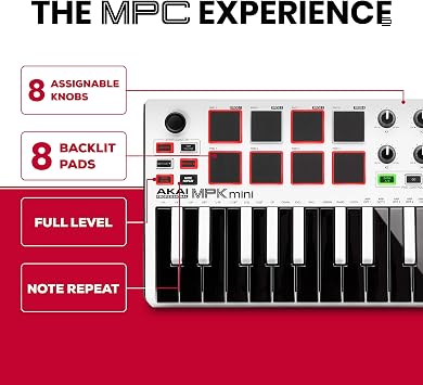 AKAI Professional MPK Mini MKII LE White - 16 arkadan aydınlatmalı pad, 8 atanabilir Q-link kontrolü ve 4 yönlü kumanda kolu ile taşınabilir 25 düğmeli USB MIDI klavye kontrol cihazı