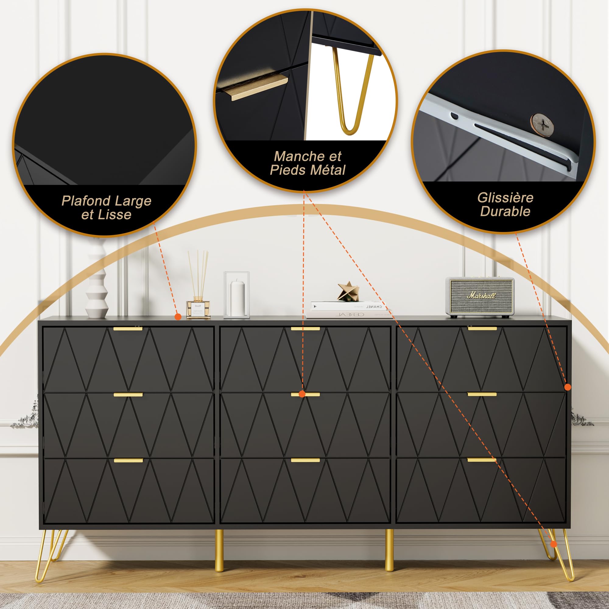Commode 5 Tiroirs Style Scandinave - 60x34x110 Cm, Motif Lignes, Noir, Rangement Spacieux Pour Chambre Ou Salon