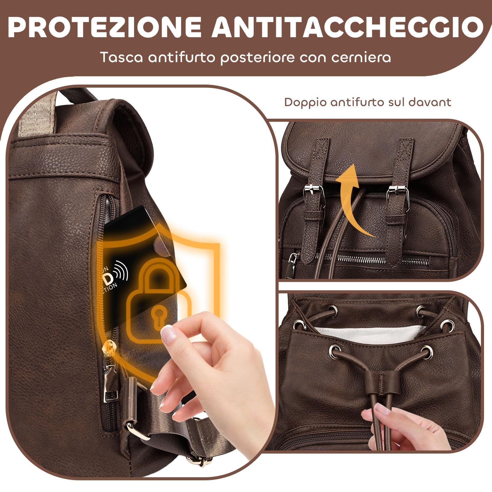 Leathario Zaino Donna in Pelle Vegana Antifurto con 6 Porta-Carte RFID Incluse, Elegante e Impermeabile, Zaino Casual per Università, Viaggi e Uso Quotidiano, Regalo per Donna