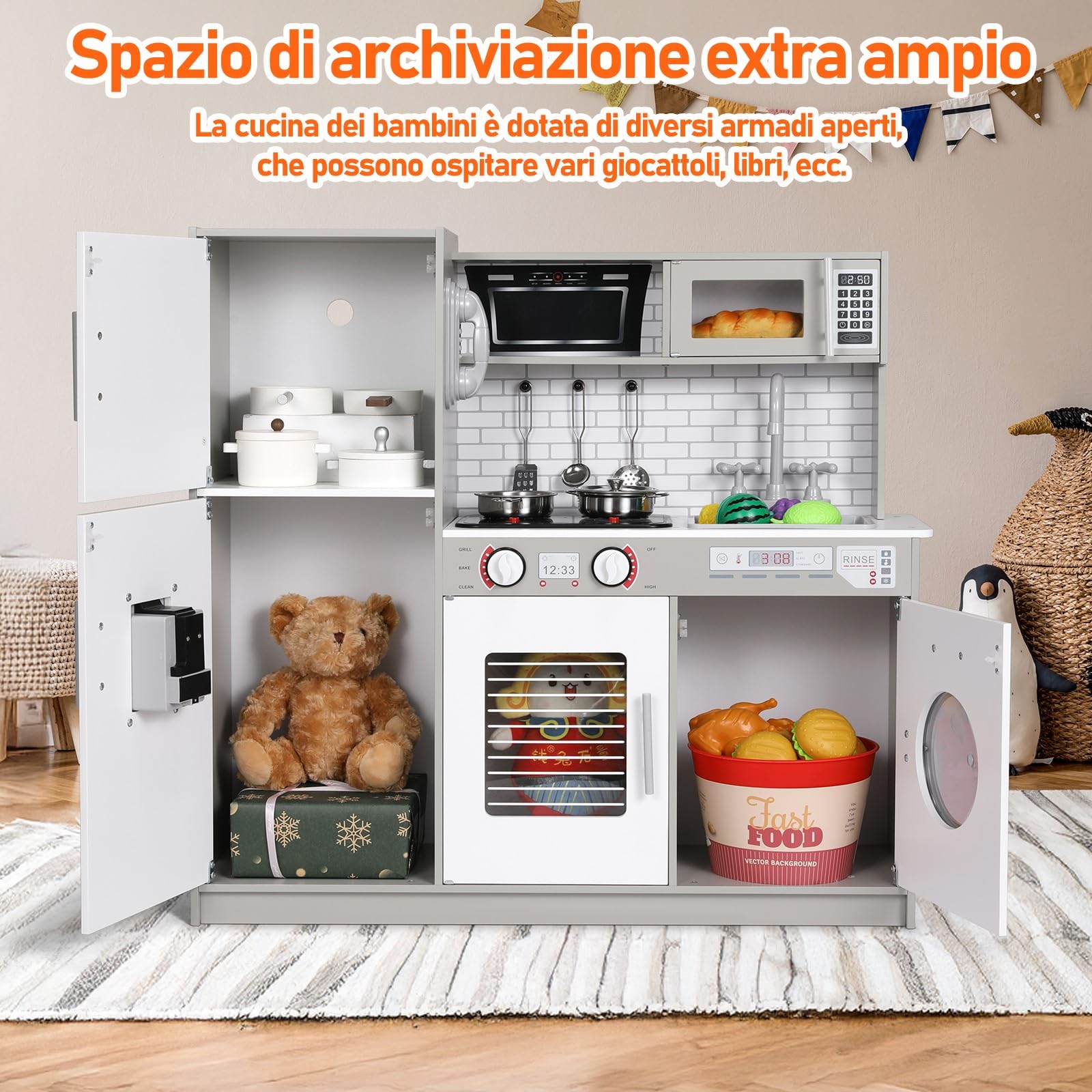 MAMIZO Cucina Giocattolo per Bambini, con Effetti Simulati di Luce e Suono, Cucina Bambini Legno con Accessori da Cucina da Gioco e Lavatrice, 82x80x25 cm, A Partire dai 3 Anni, Grigio-Bianco