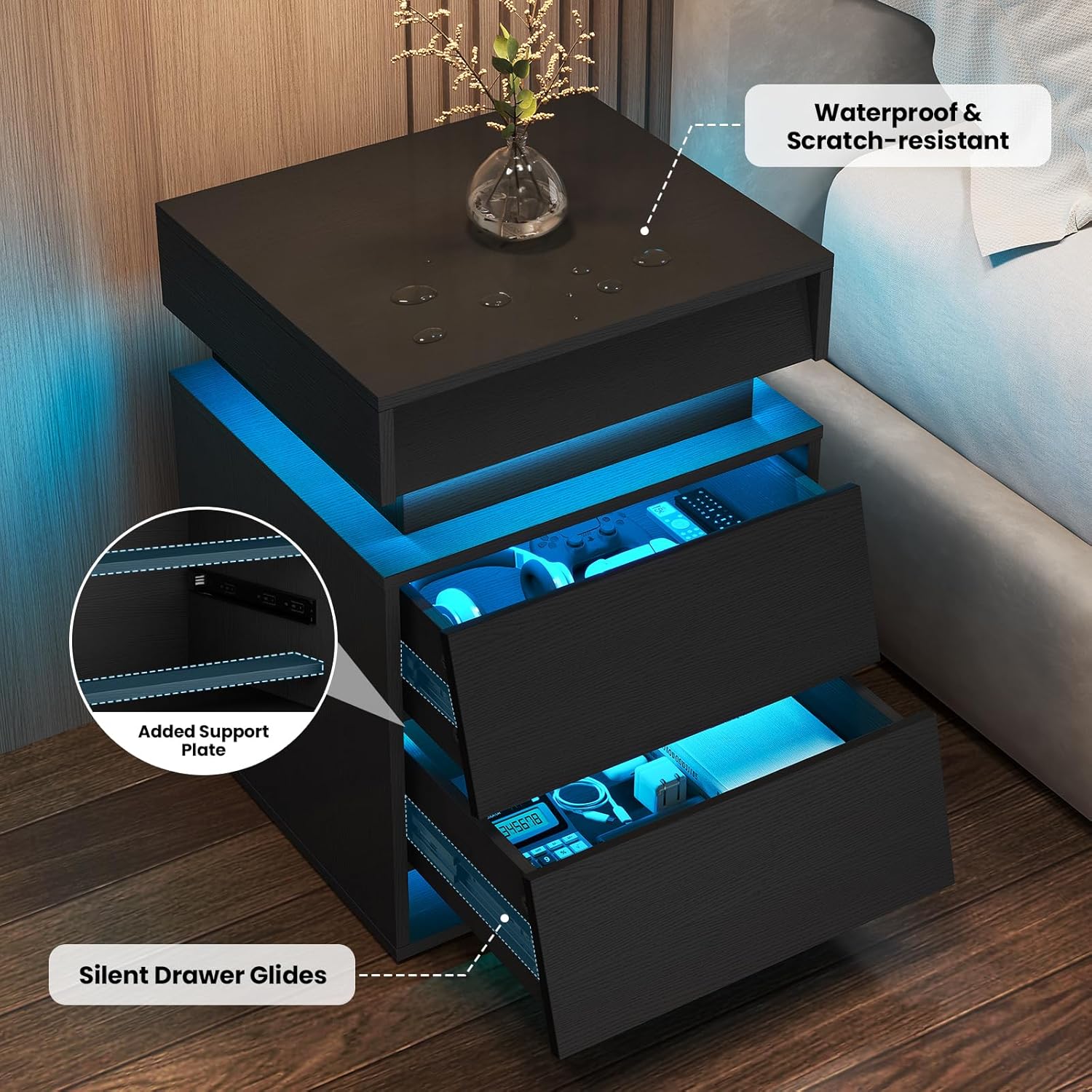 LED Nightstand with Charging Station, Modern Night Stand with Sliding Top & 2 Slanted Drawers, Wood Bedside Table End Side Table for Bedroom, Living Room, Office, Black