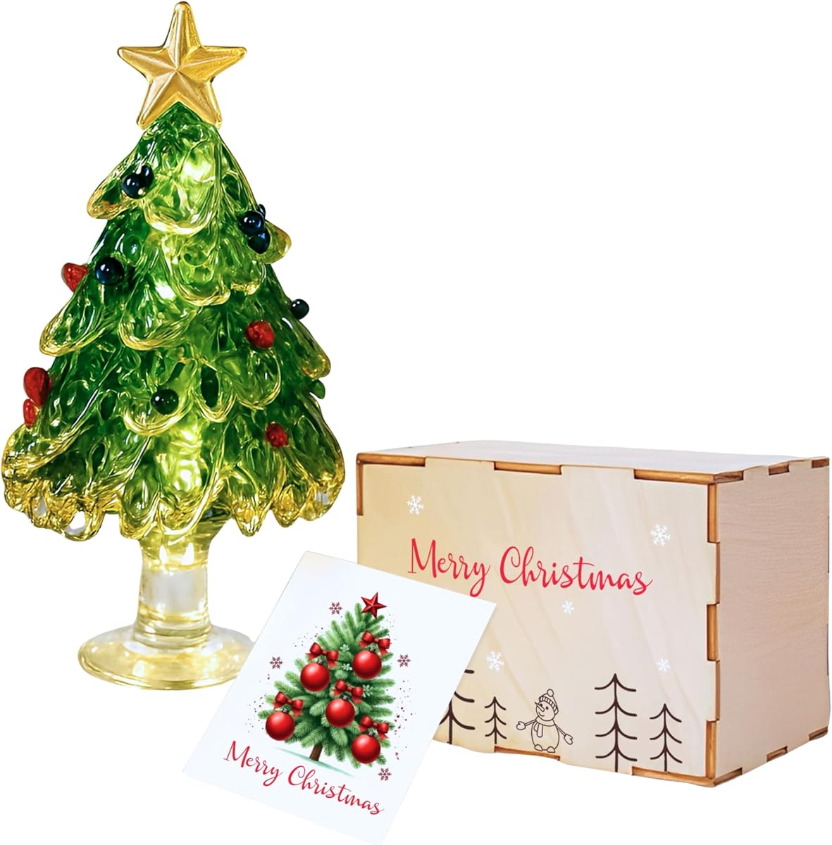 Árbol de Navidad de vidrio soplado, pequeñas figuras de cristal en miniatura de mesa | Escultura de árbol de Navidad de vidrio hecha a mano, 3,3 x 1,8 pulgadas, incluye caja y tarjeta de regalo de madera, rellenos de medias únicos