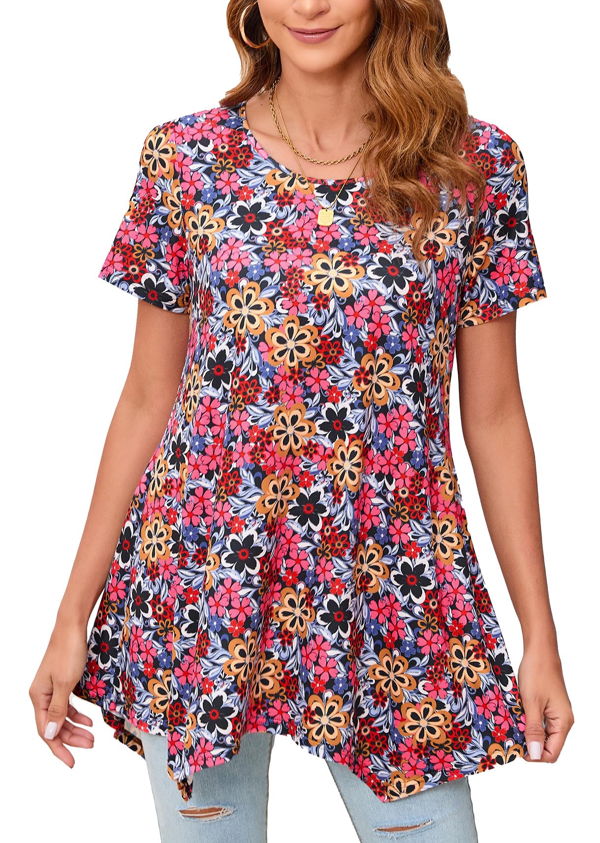 Enmain Camiseta Manga Corta Mujer Blusas de Mujer Elegantes Túnica Tops Larga Verano Cuello Redondo Estampada Flores Paisley Cómoda Fiesta S-3XL