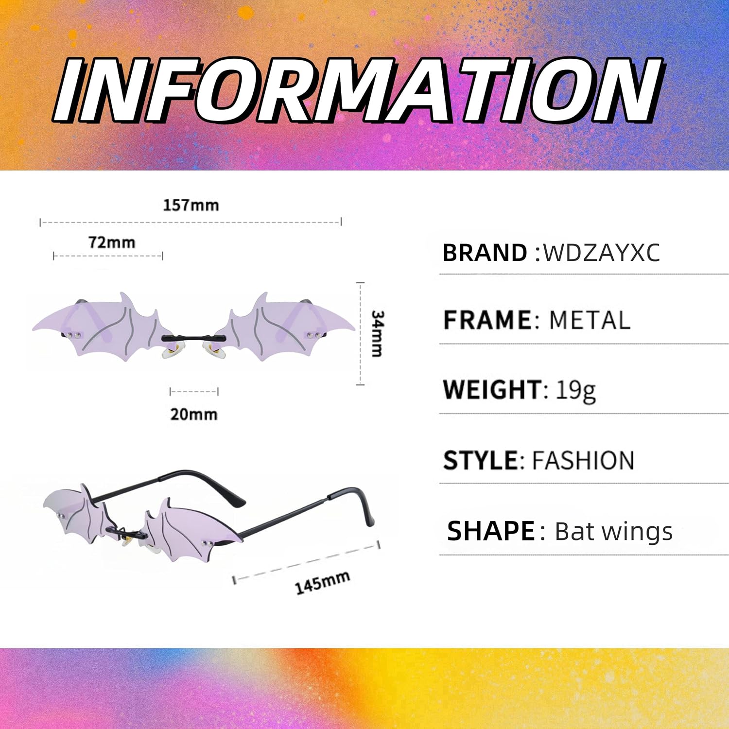 Bat wings Sunglasses Rimless Goth Glasses for Women Men Halloween Party Glasses Trendy Eyewear