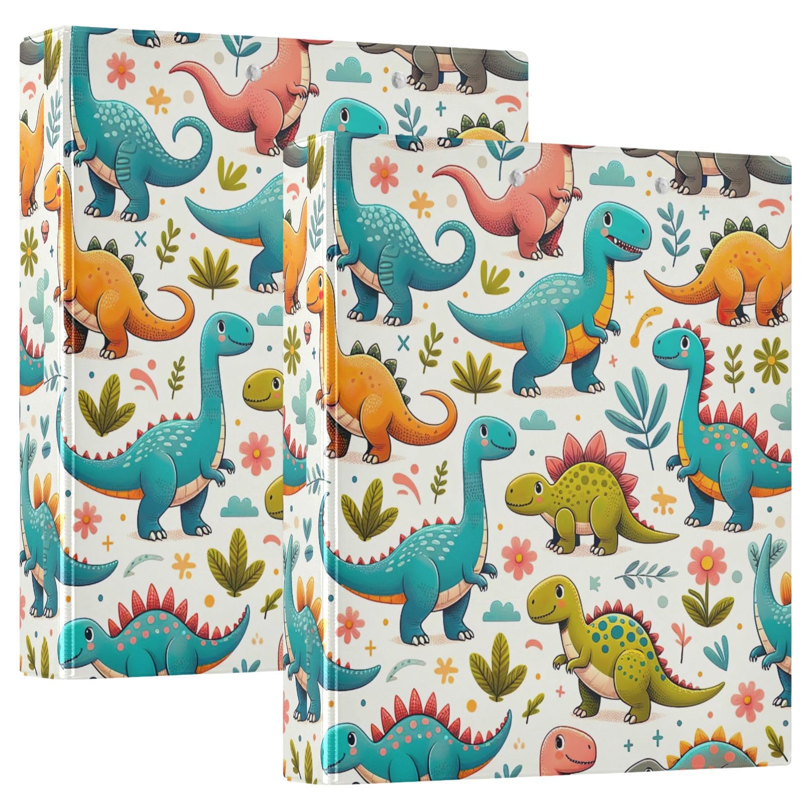 Confezione da 2 raccoglitori ad anelli con 3 anelli, motivo dinosauro, verde, con tasche, grandi, per scuola, università, ufficio