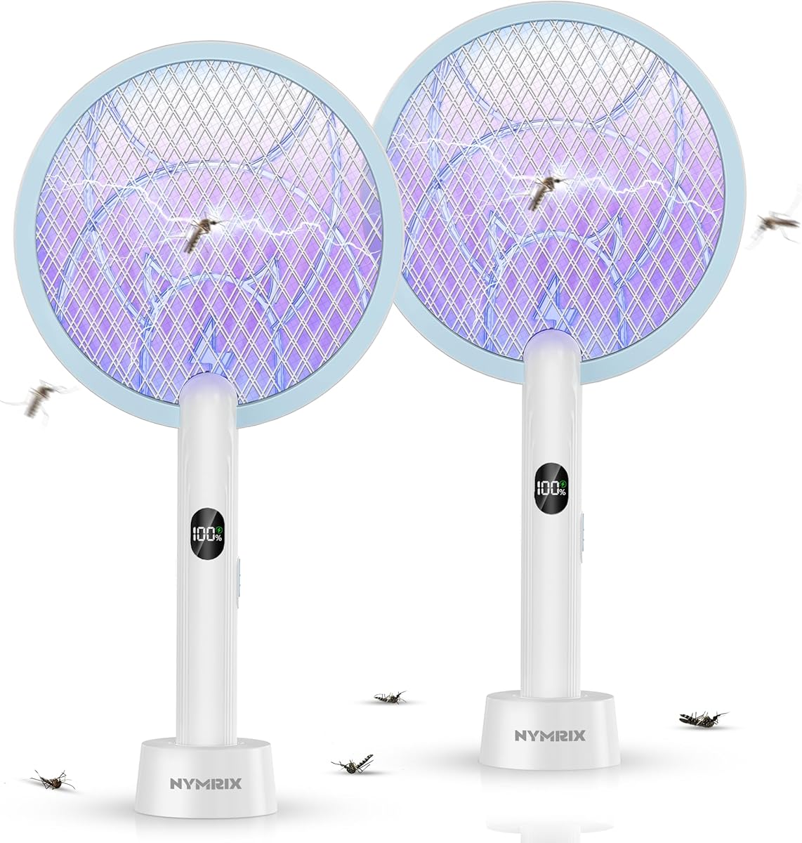 Nymrix Electric Fly Swatter Racket, 2 in 1 Mosquito Bug Zapper 4100V Handheld Mosquito Killer with 1800 mAh Rechargeable Battery, Purple Lightand 3-Layer Safety Mesh for Indoor Outdoor Blue Two-Pack