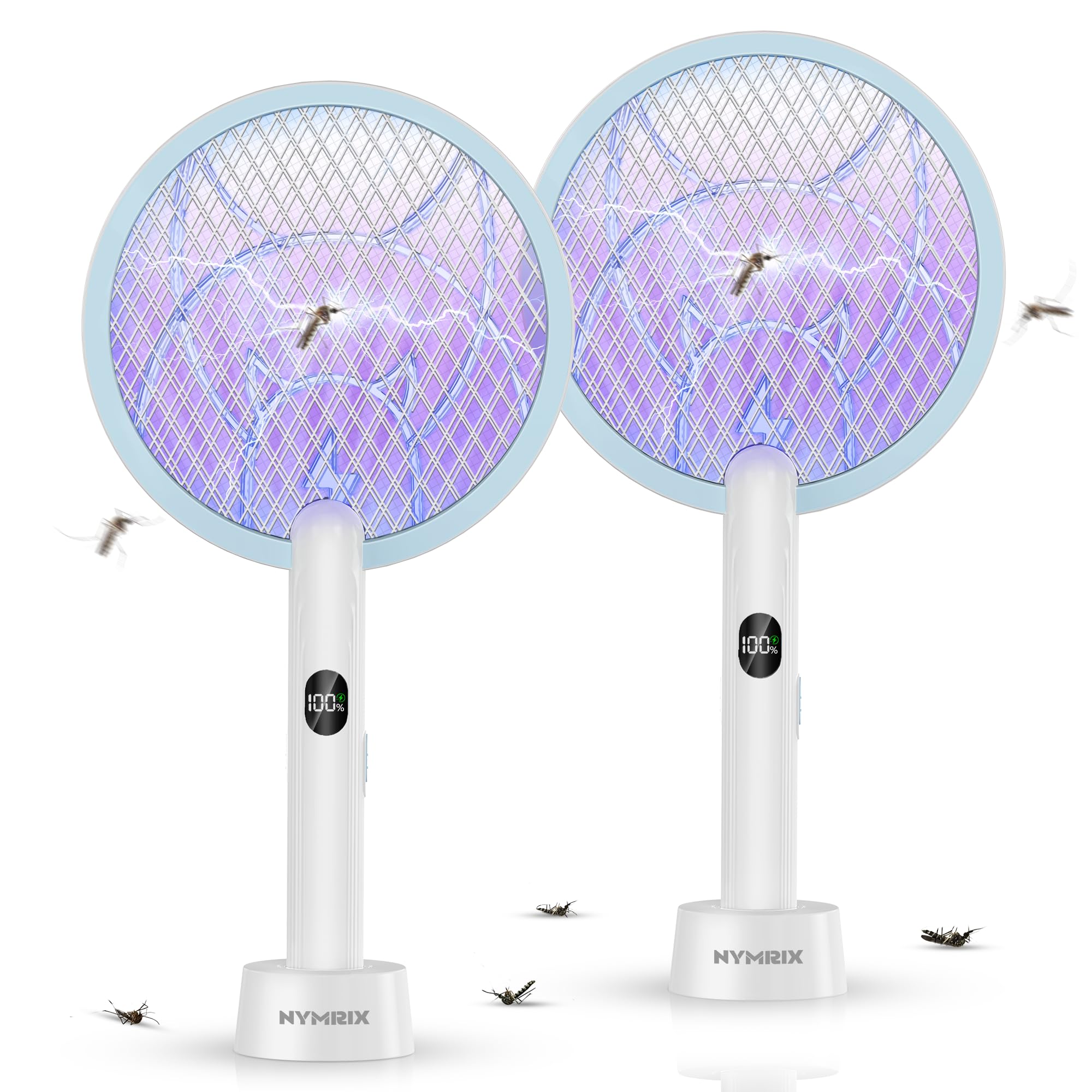 Nymrix Electric Fly Swatter Racket, 2 in 1 Mosquito Bug Zapper 4100V Handheld Mosquito Killer with 1800 mAh Rechargeable Battery, Purple Lightand 3-