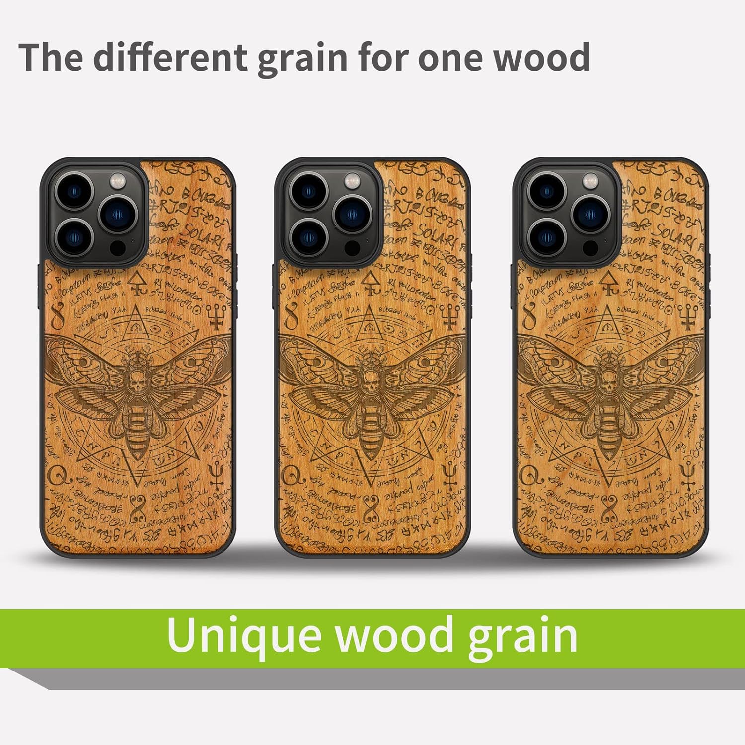 Carveit Magnetic Wood Case for iPhone 13 Pro Max [Natural Wood & Black Soft TPU] Unique & Classy Wooden Shockproof Protective Cover Compatible with magsafe (Death's Head Moth -Cherry)