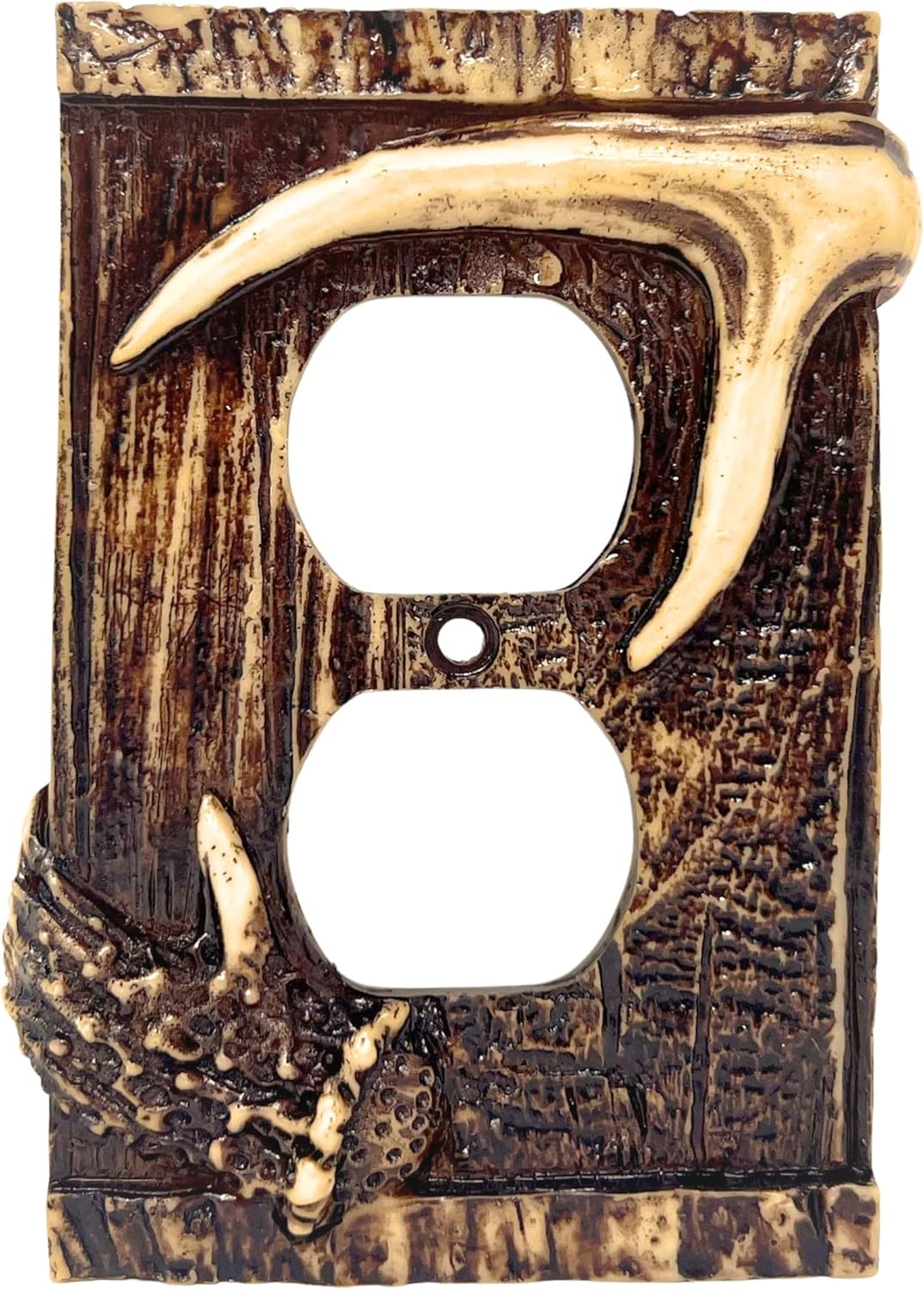 BestGiftEver Double Outlet Decorative Cover Plate with Realistic Wood and Antler Accents - Rustic Duplex Receptacle Electrical Wall Plate for Lodge Cabin - Ideal Gift for Outdoor Nature Lovers
