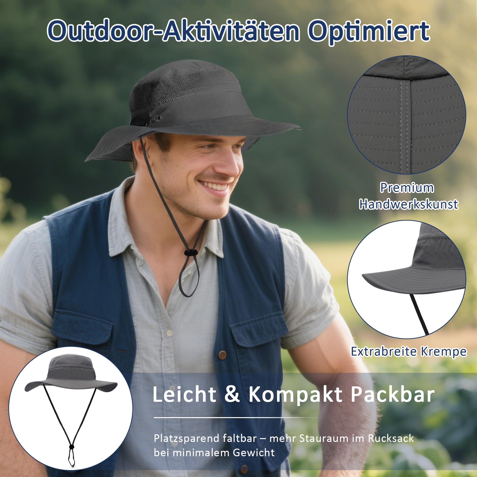 Damen Fischerhut Herren Sonnenhut UPF 50+ Strand Faltbar Safarihut Reisen Outdoor Hut Fischerhut Anglerhut Gartenhut Bergsteigen Campinghut Sonnenhut Unisex Buschhüte