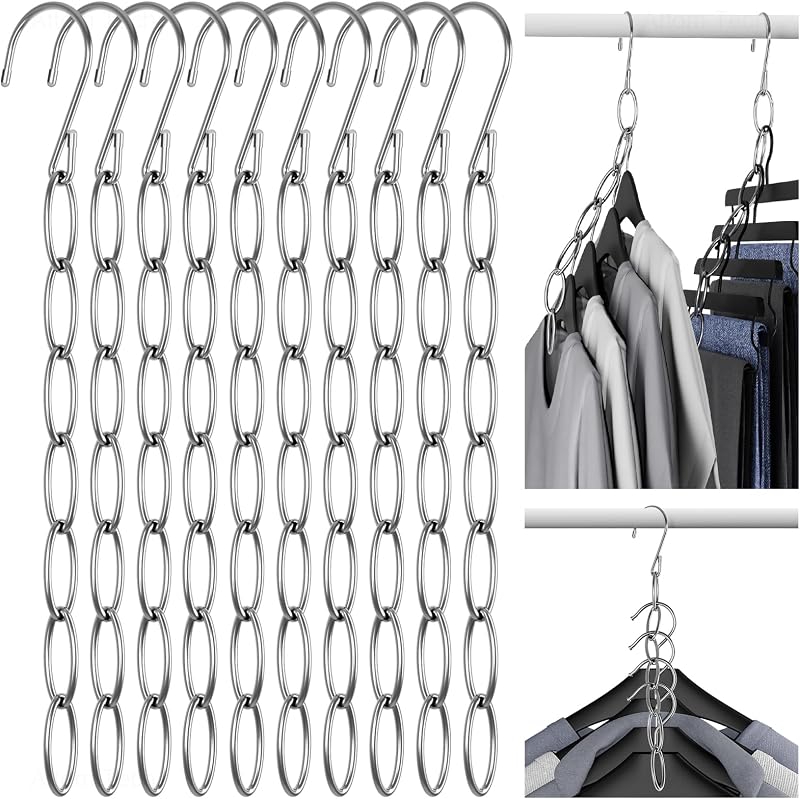 NiHome Space Saving Hangers 10-Pack, Metal Closet Organizer with Safety Cap | 7-Loop Retractable Design Chain Hanger for Compact Storage, Ideal for Travel,Dorm & Office, Wrinkle-Reducing for All Garments