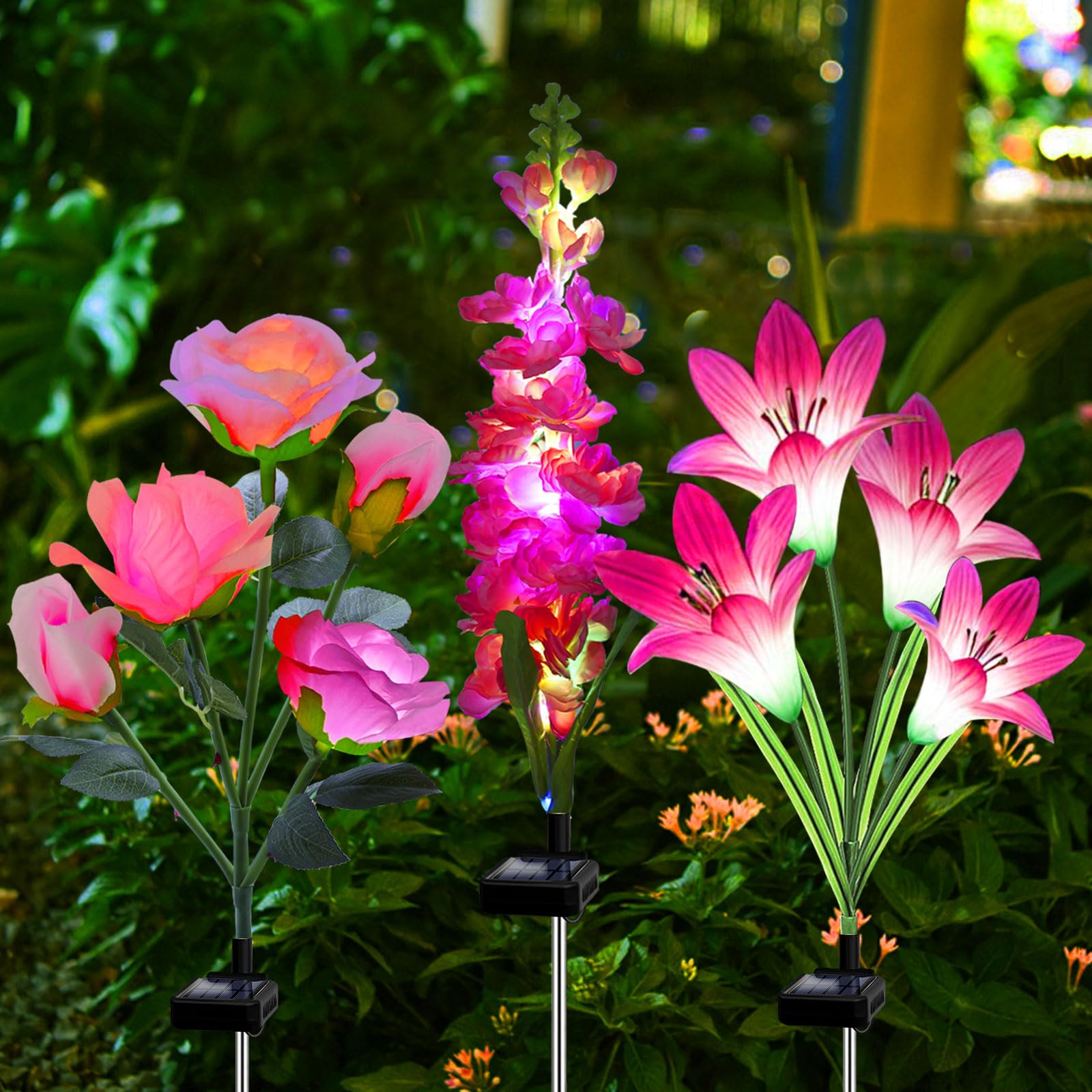Solar Garden Lights Waterproof, 3 Pack Solar Flowers Lights Includes Lily Rose Delphinium, Gardening Gifts for Mom Grandma Women, 7-Color Changing Outdoor Decor for Garden Yard Patio Lawn