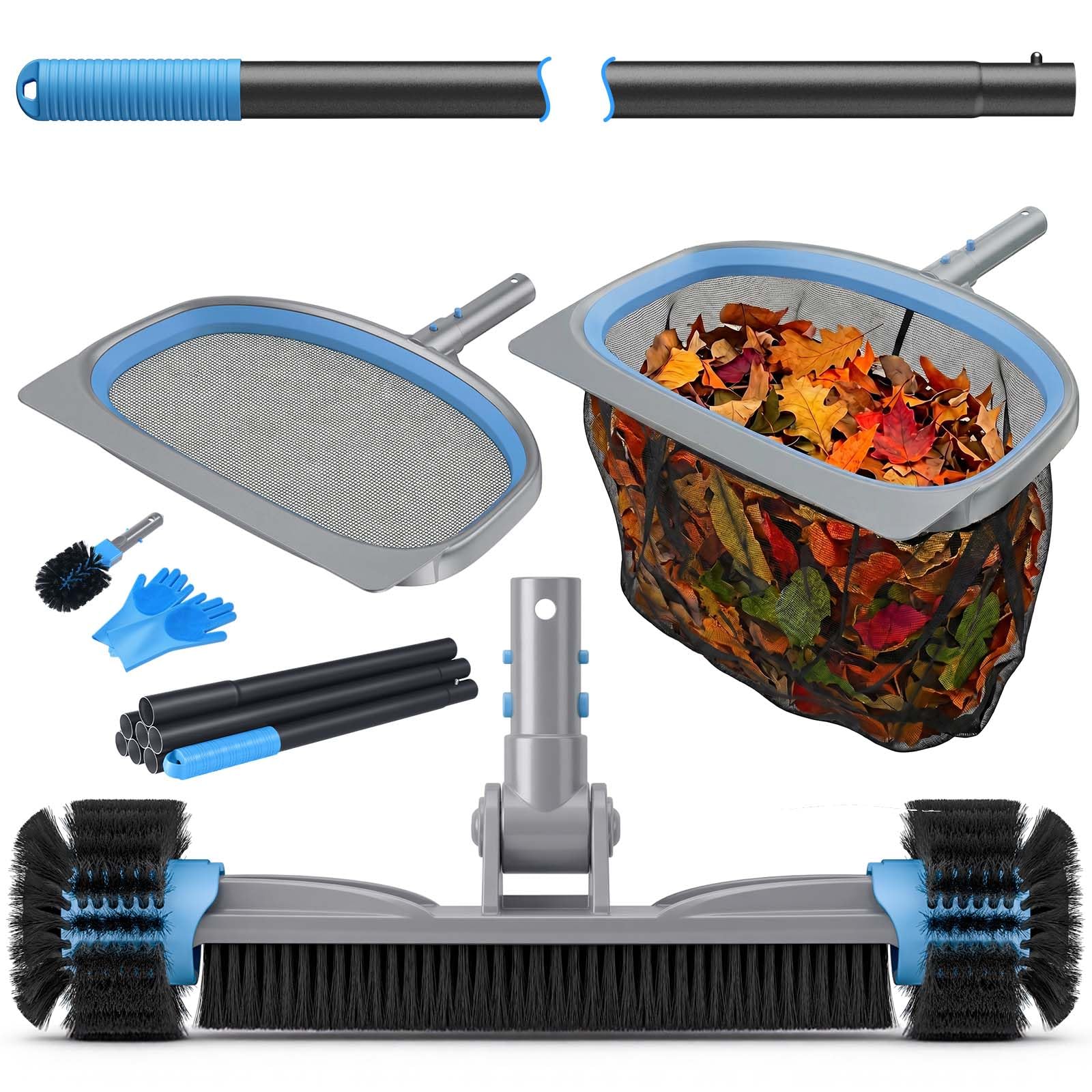 UIRWAY 6-in-1 Deluxe Swimming Pool Cleaning Kit - Includes Detachable Pool Brush, Deep Leaf Skimmer & Fine Mesh Net, Small Brush, Gloves, Adjustable Aluminum Pole Inground & Above Ground Cleaning-image-28