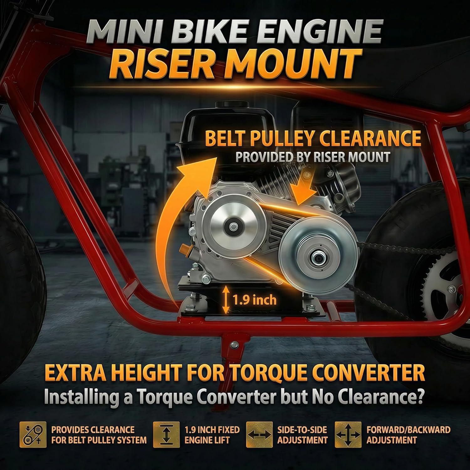 JMCHstore Mini Bike Torque Converter Motor Riser Plate Mount for Predator 212 Engine for Coleman 200cc Mega Moto MMB80 Baja Go Kart 1.9 Inch Lift Direct Bolt-On Swap & Dual Direction Movement