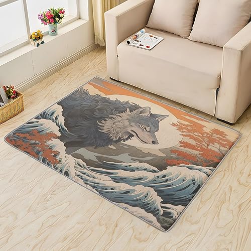 Miniatura 2 de Alfombra de lobo de 6 x 9 pies, alfombra de fantasía para dormitorio, sala de estar, alfombra grande con estampado de lobos con ondas de luna,