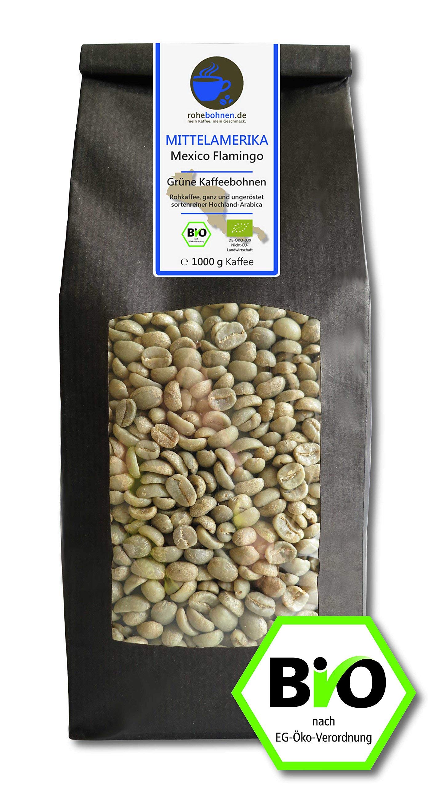 Café verde orgánico Arábica México Flamingo (granos de café crudo de las tierras altas 1000 g) - Certificado GMP