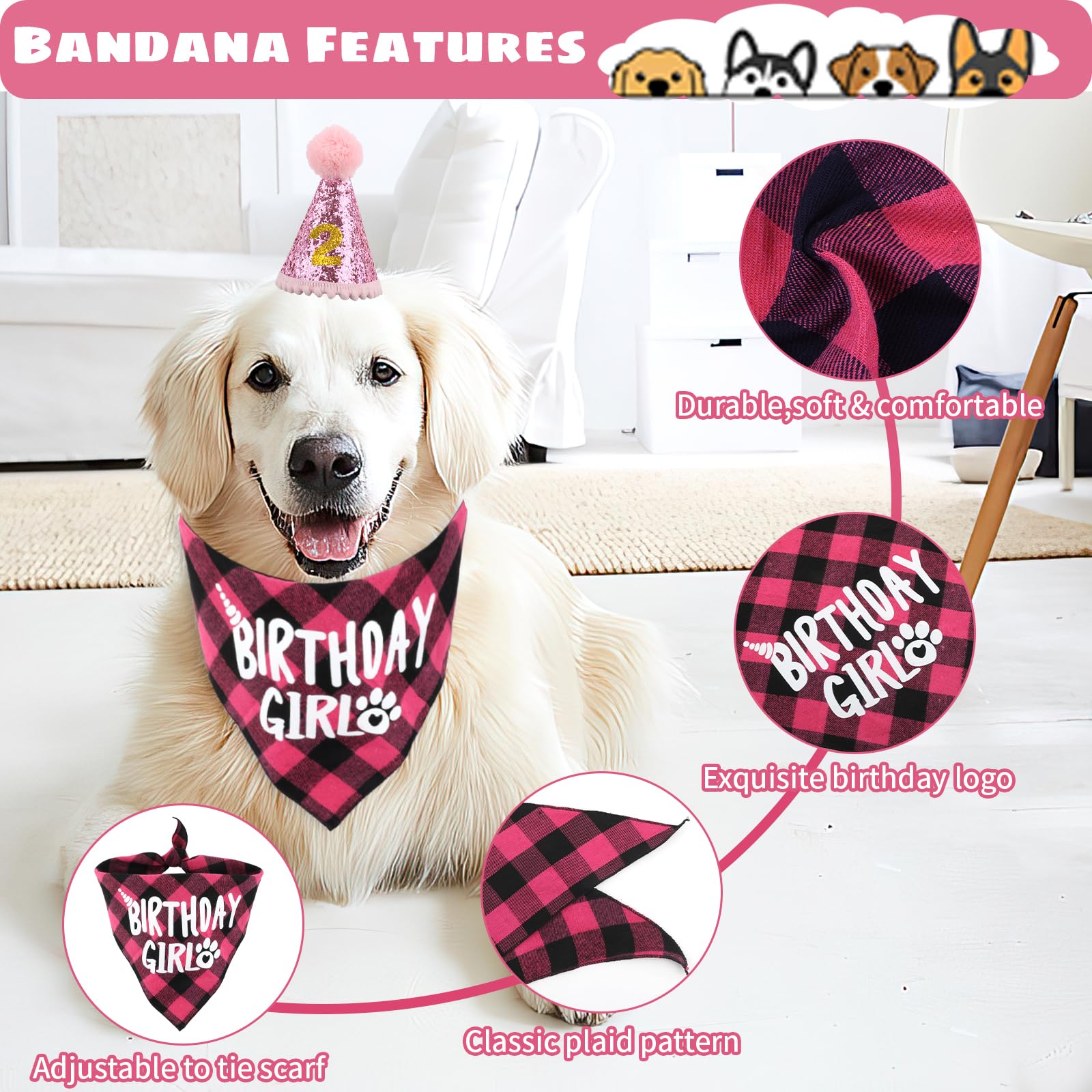 Hunde-Geburtstags-Bandana – Pink, Mit „It’s My Birthday“, Für Kleine Bis Große Hunde, Weiches Material