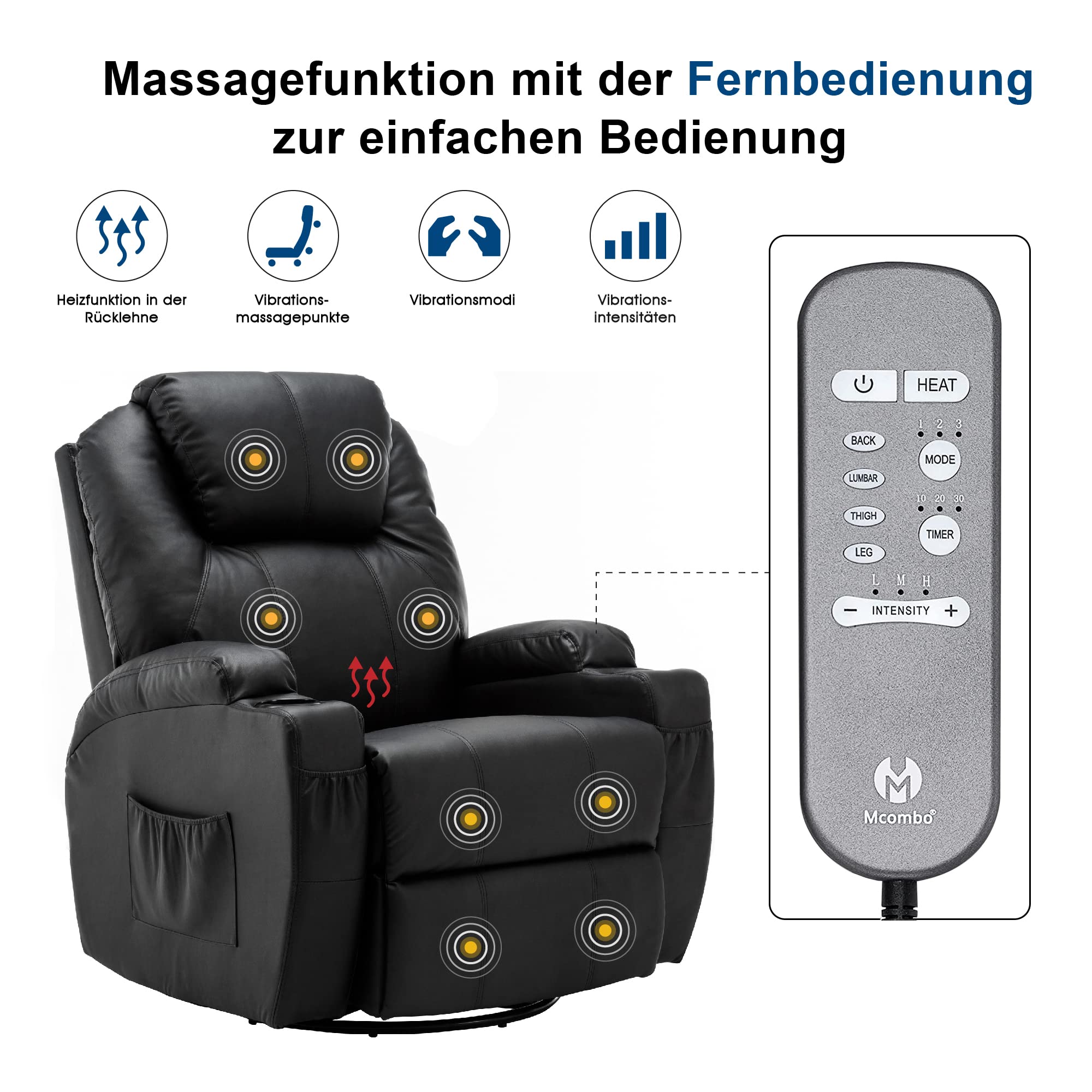 M MCombo Fauteuil de Massage TV Fauteuil Relax 7020, avec Chauffage Rotatif basculant 360°, réglable manuellement (Similicuir Noir)