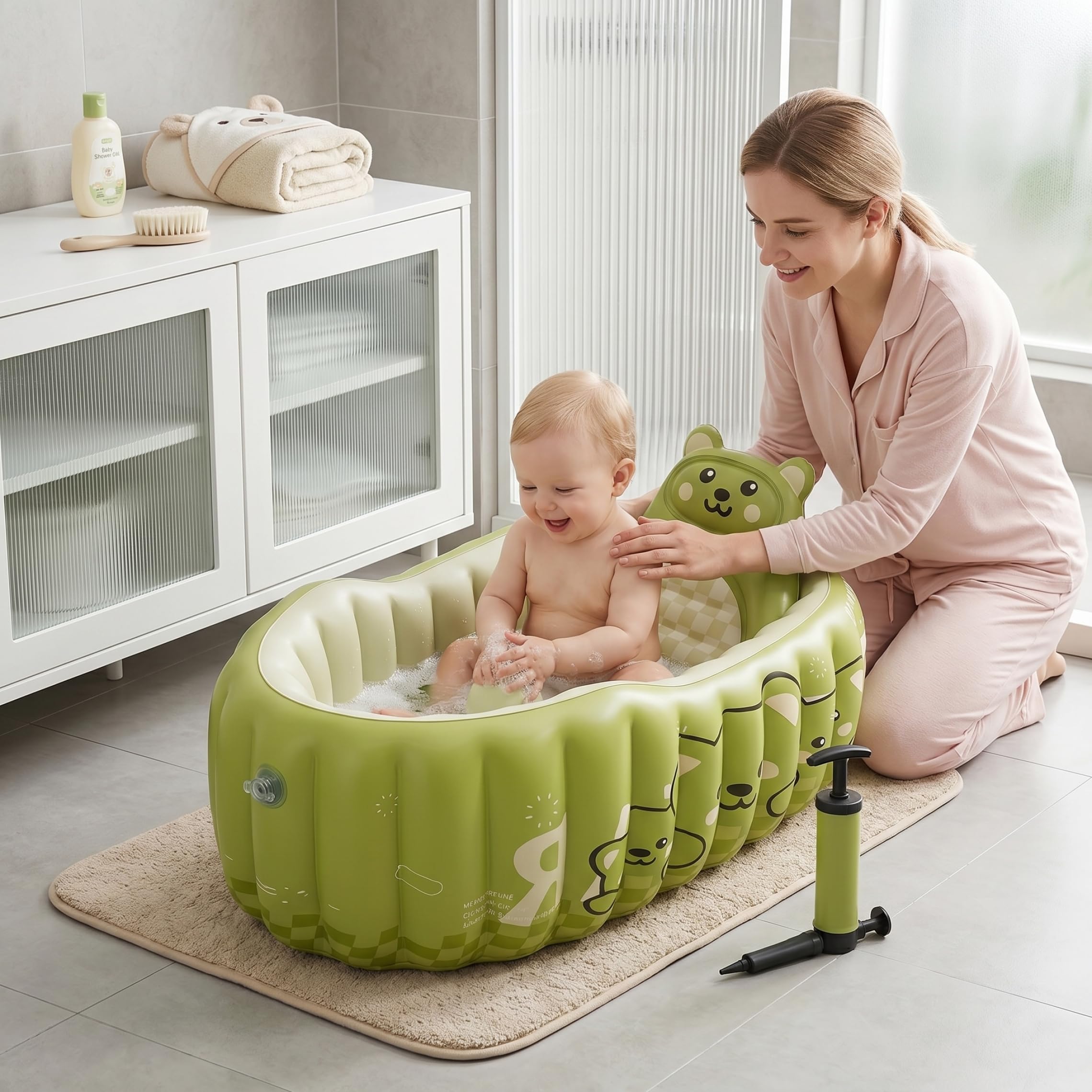 Aufblasbare Babybadewanne, tragbare Kleinkindwanne mit Handpumpe – sicherer Halt für Neugeborene. Grüne Badematte im Lieferumfang enthalten