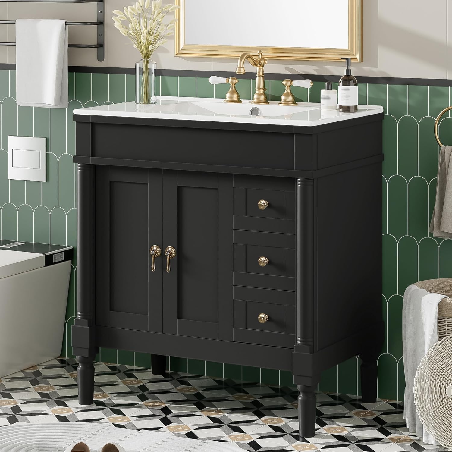 Virubi 30" Mid Century Modern Bathroom Vanity with Sink, Soft Closing Doors and Drawers, Solid Wood and MDF Farmhouse Single Bathroom Sink Cabinet with Storage, Adjustable Shelf, Freestanding (Black)