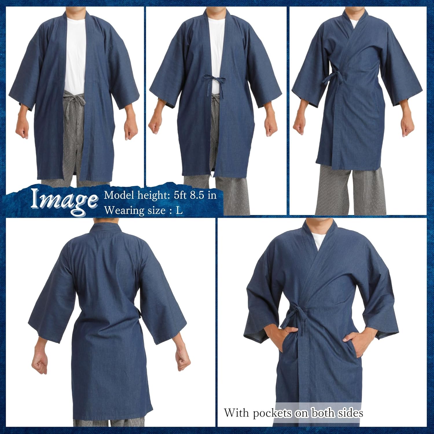 Edoten yukata kimono happi yarn-dyed denim fabric 4.5oz thin haori 3WAY cotton 100% men’s ladies' solid color navy