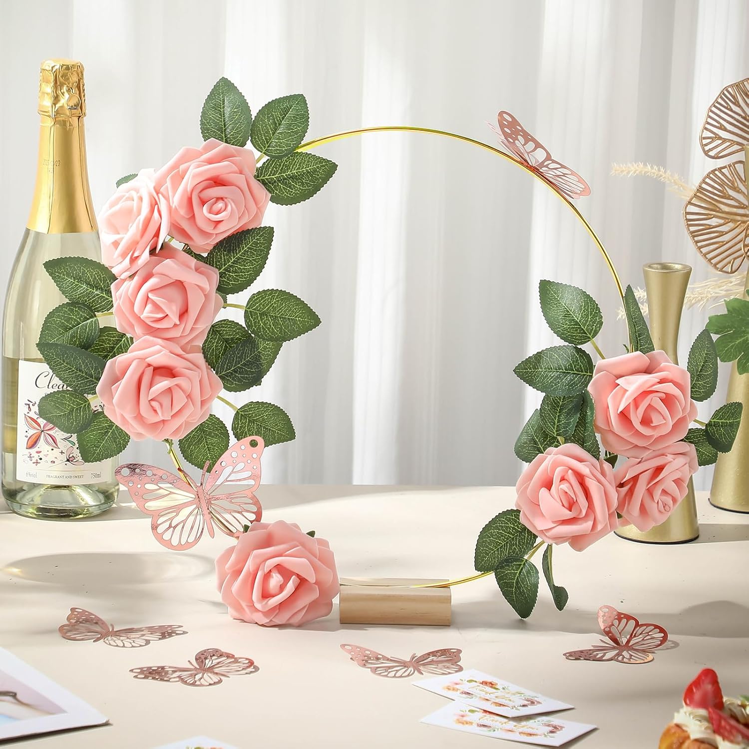 6 Pack Floral Hoop Centerpieces Table Decorations Kit Include 6 Metal Wreath Ring with 6 Wood Base 50 Rose Flower 12 Faux Butterfly for DIY Home Wedding Table Decor(Gold Hoop, Pink Rose)