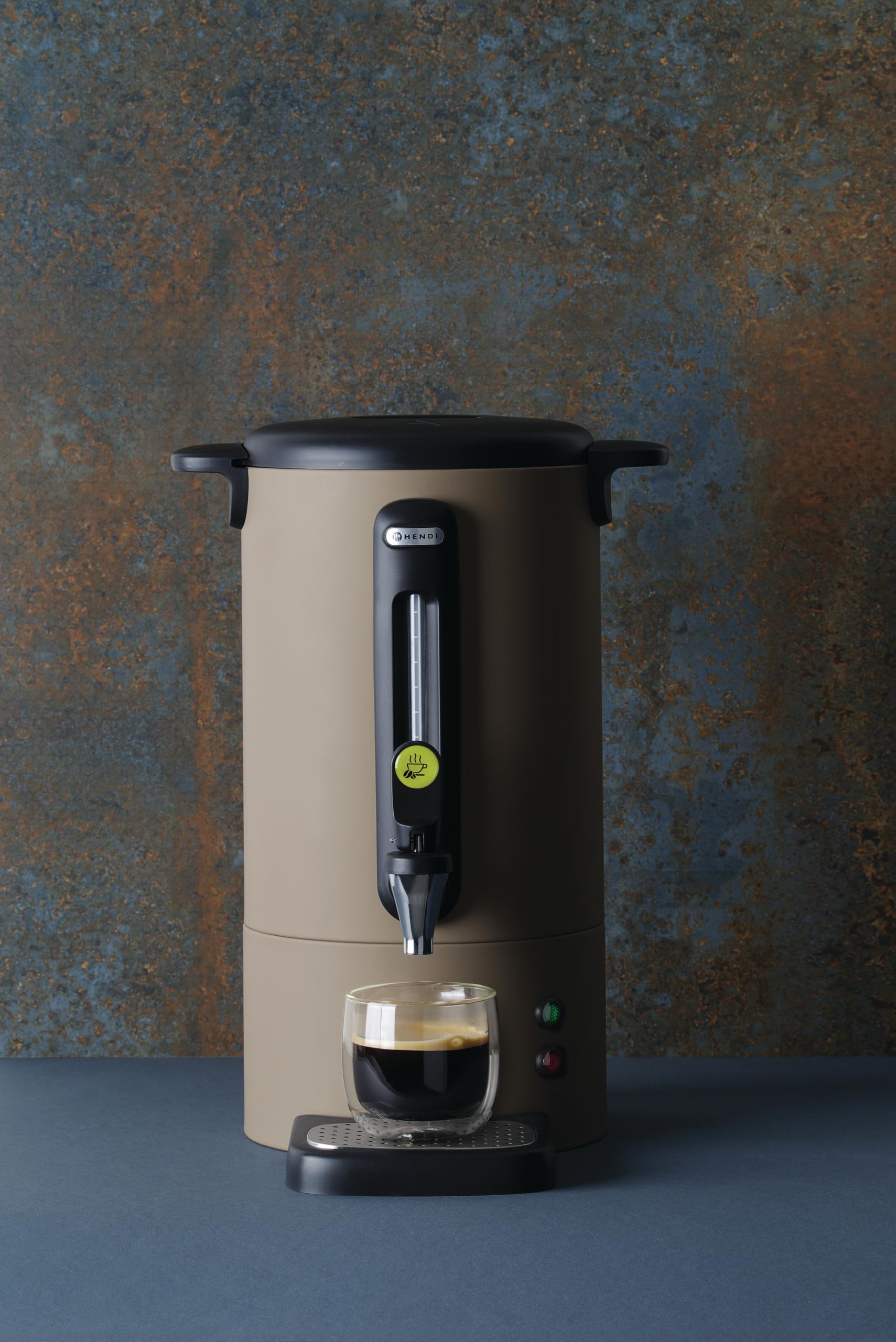 HENDI Kaffee-Perkolator, UNIQ, zum Brühen von Kaffee, tropffreier Zapfhahn, Wasserstandsanzeige, Kaffeebereiter, Kaffeemaschine, 7L, 230V/1050W, 307x330x(H) 450mm, Edelstahl, Polypropylen, Taupe