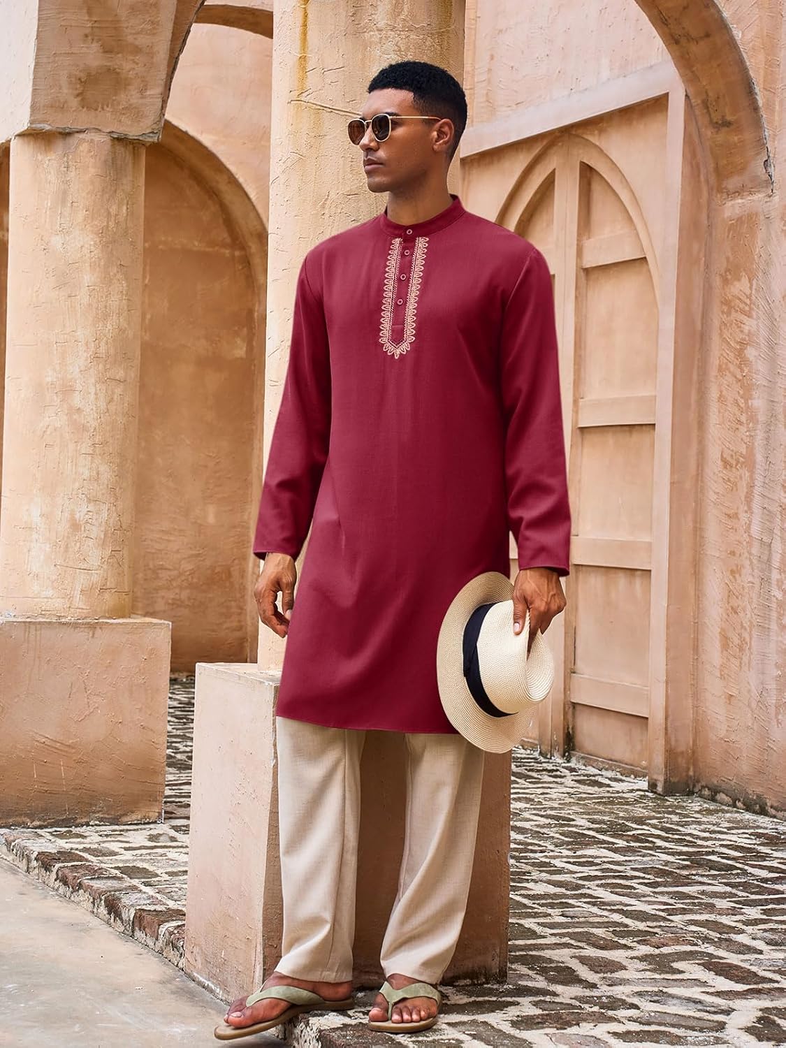 Yousify Mens Kaftan Thobe Casual Henley Shirts Button up Long Sleeve Robe Muslim Gown Shirt - Image 4