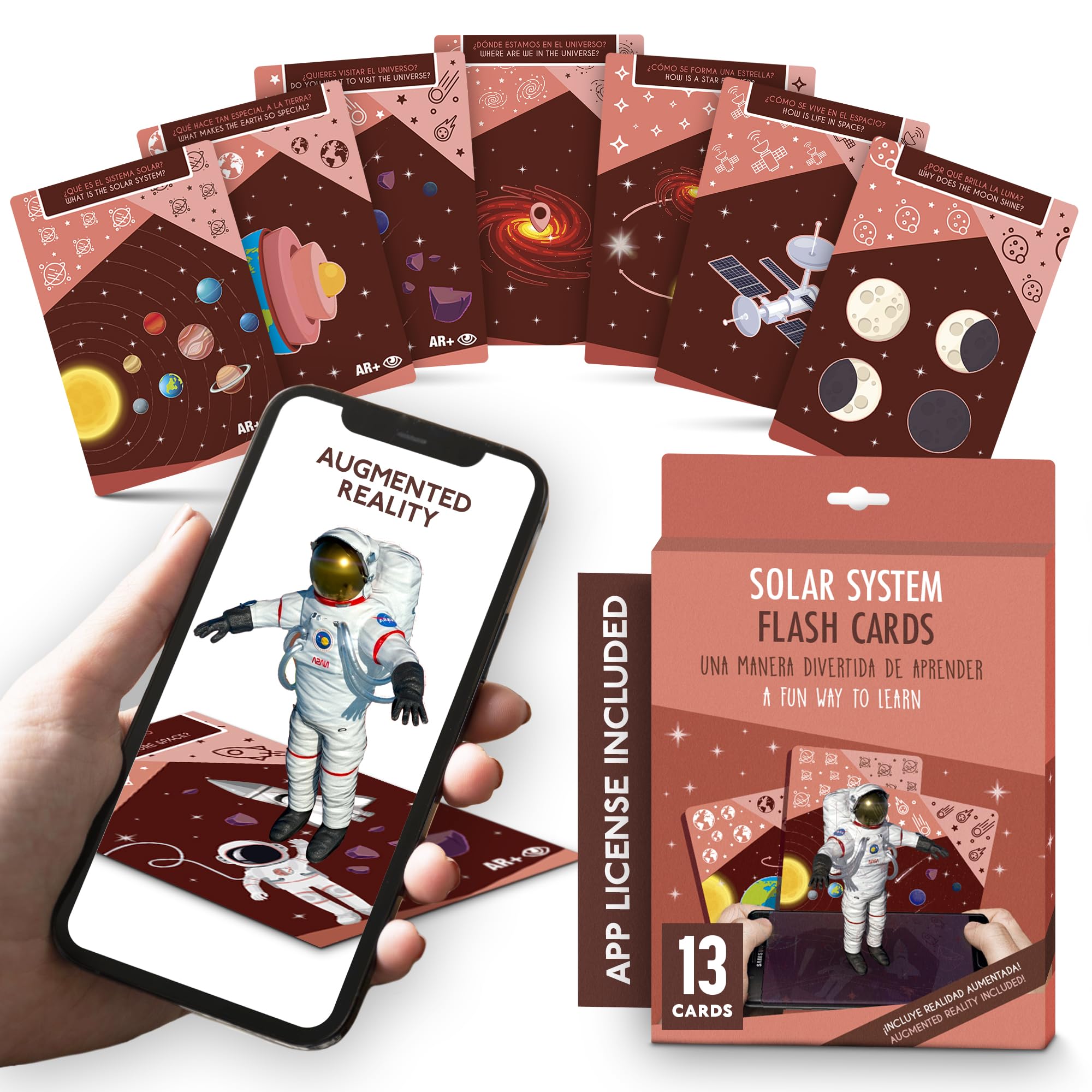 Solar System Flash Cards, with Augmented Reality App Included, Space, Planets, Universe, English and Spanish, Learning Toy, Learning Tool for Kids, School, Homeschol (Universe)