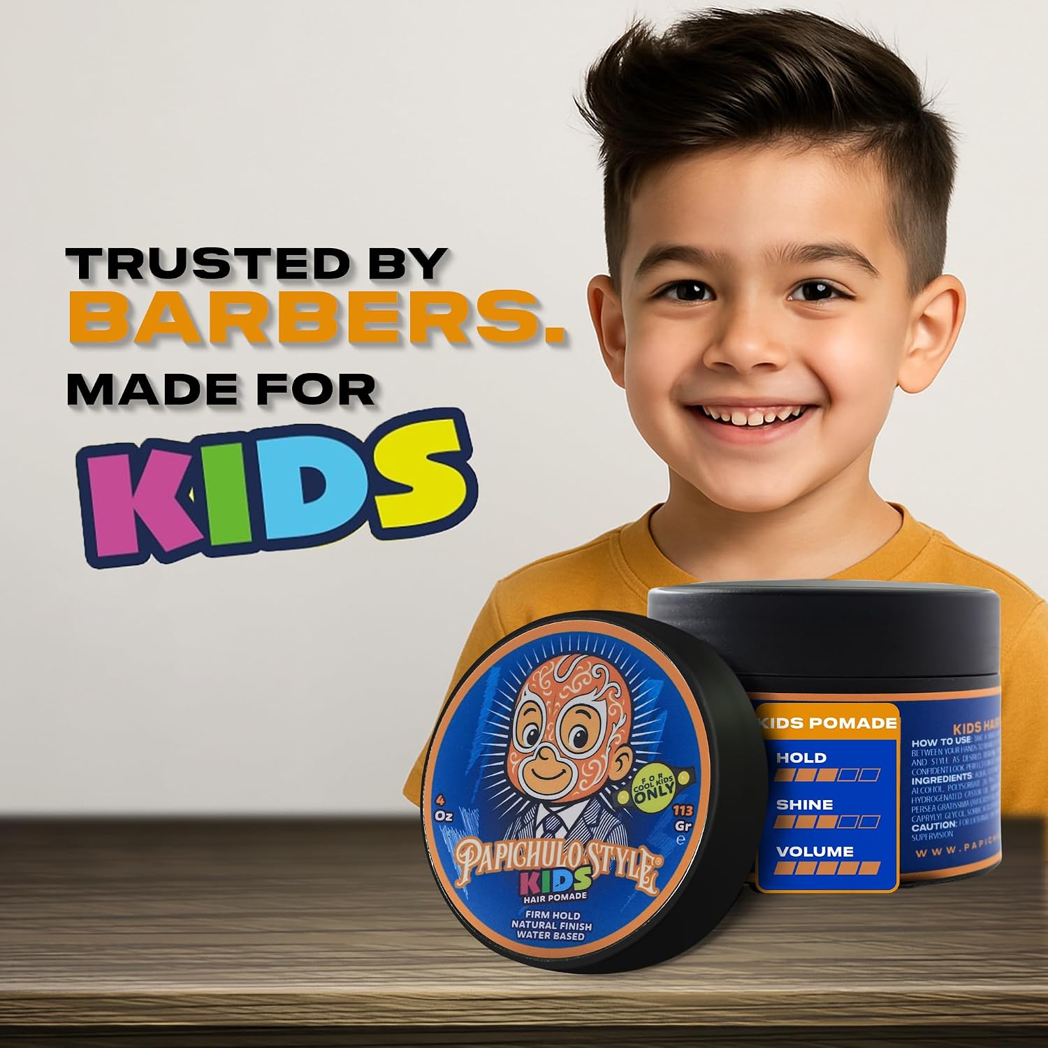 Kids Pomade – Medium Hold, Medium Shine, Adds Volume – Kid-Friendly Scent, Water-Based, Flake-Free, Easy Washout, Paraben-Free – Made in USA