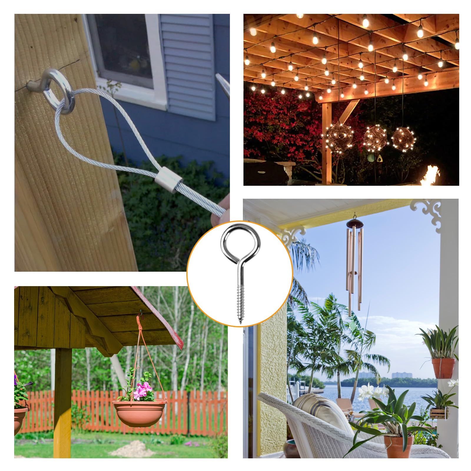 Lot de 12 crochets à œillet à vis pour jardin : vis à œillets M5 x 25 x 65 en acier inoxydable – Capacité de charge de 35 kg – Crochets à œillets robustes pour intérieur et extérieur pour suspendre
