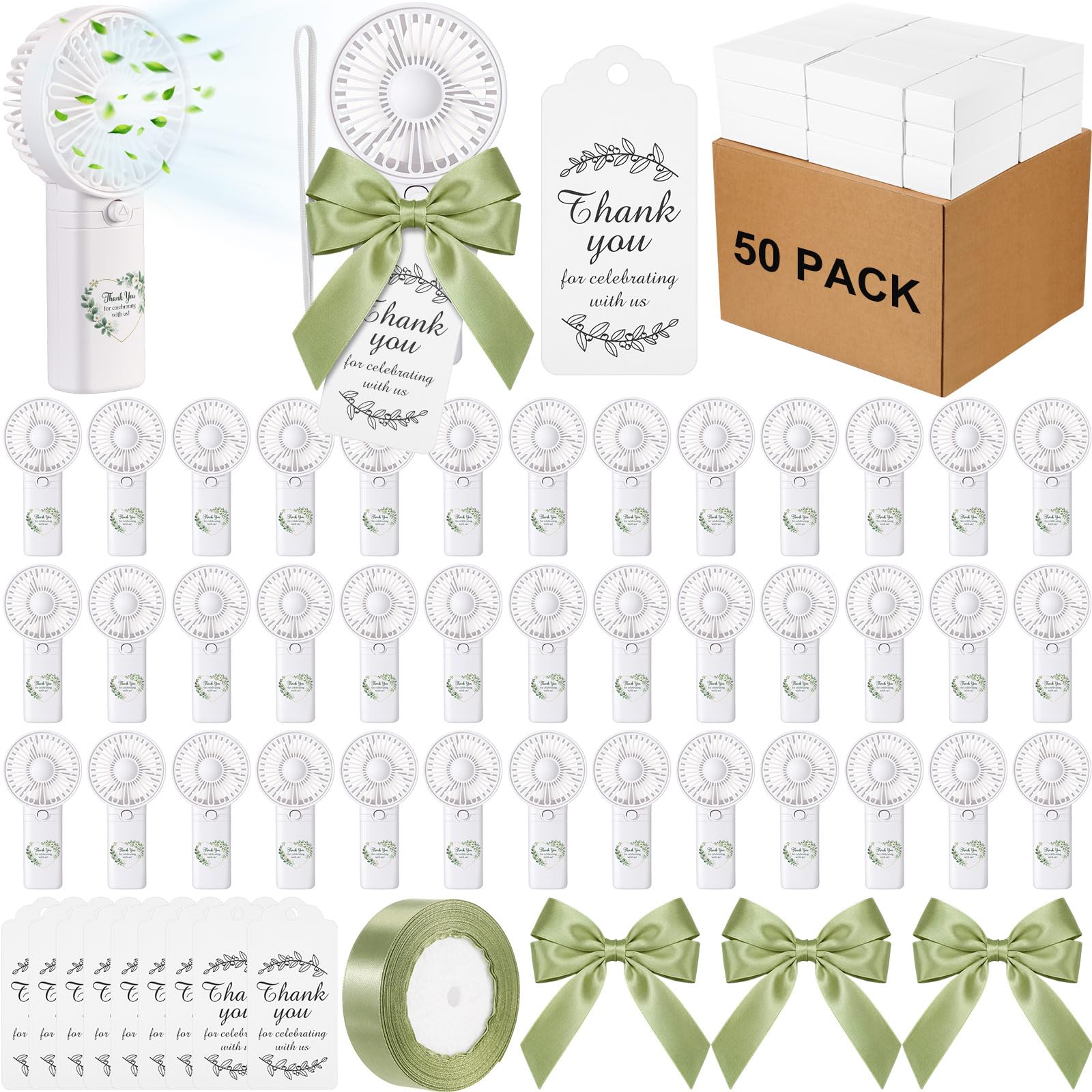 Abanicos de boda pequeños Mudder para invitados con tarjetas y bolsas de regalo, pack de 50