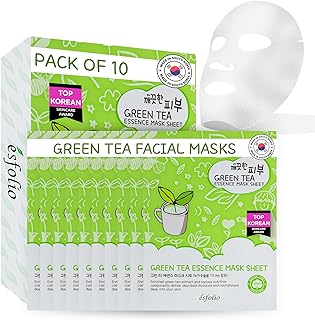 Esfolio Green Tea Essence Face Mask – Hydrating, Soothing, Antioxidant-Rich Sheet Mask for All Skin Types – Moisturizing, Revitalizing Face Treatment for Sensitive, and Blemish-Prone Skin (Pack of 10)