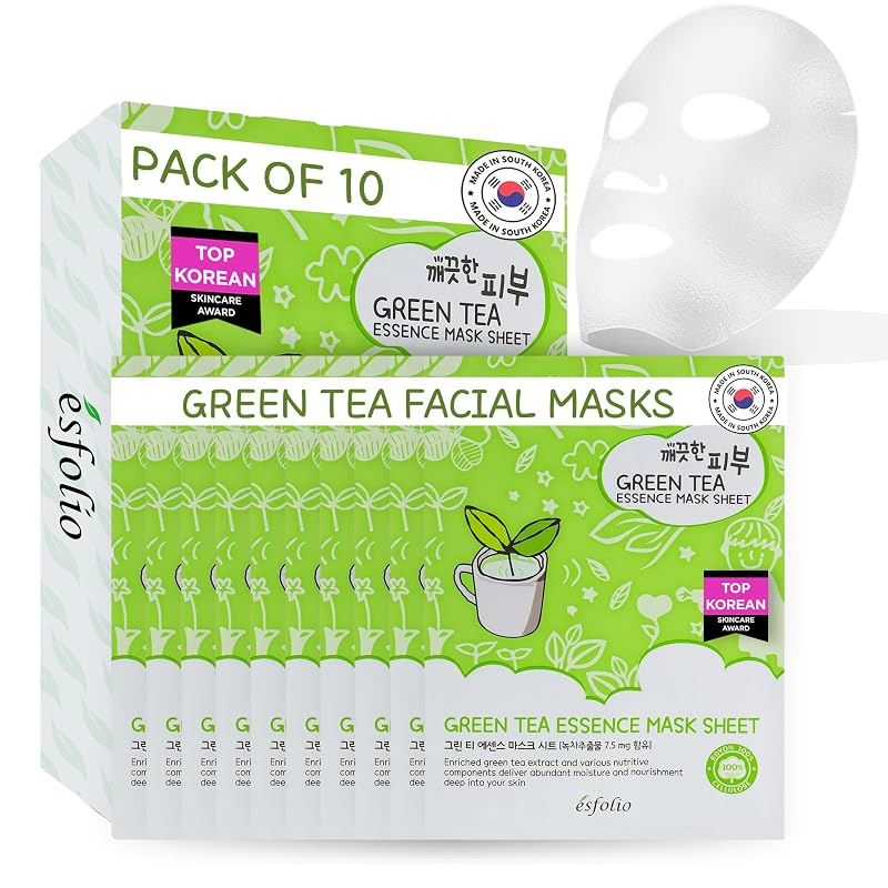 Máscara facial de tecido esfolio com essência de chá verde, Pacote com 10