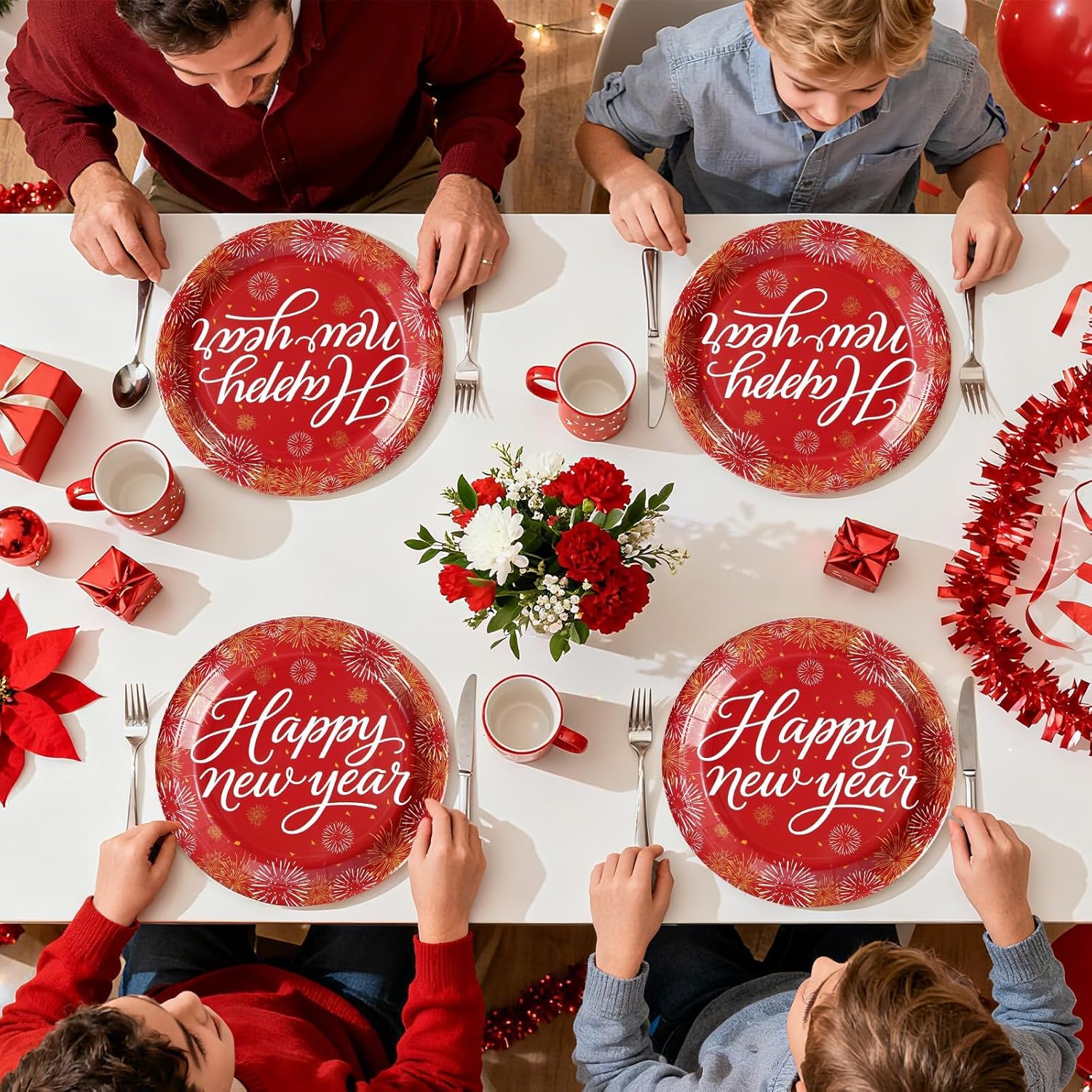 50Pcs Happy New Year Paper Plates 10" Large Heavy Duty Disposable Red Fireworks Plates New Year Party Decorations for Eve Party Celebration Supplies - Image 6