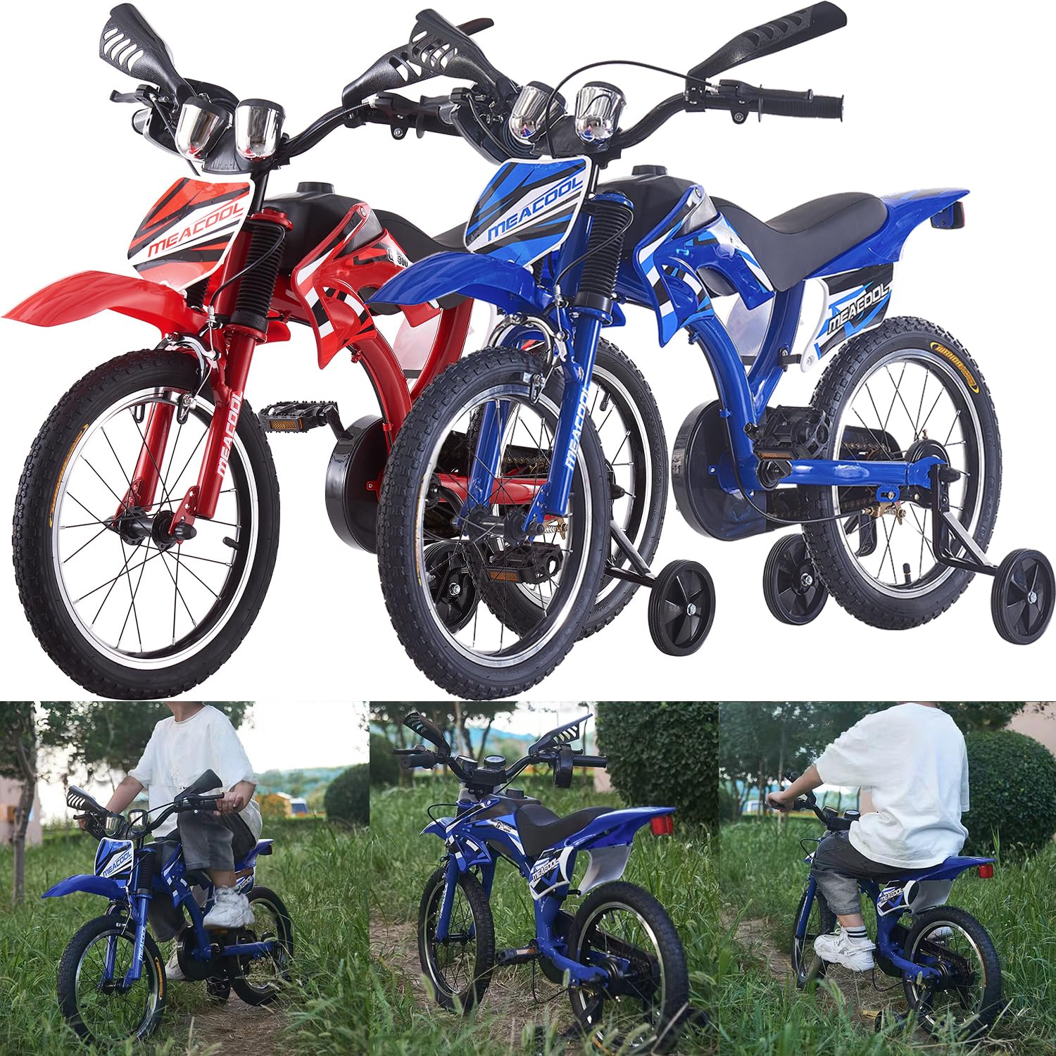 LSLIFE 18 Inch Kids Bike Boys Motorcycle Bike for 5-9 Years Old Boys Girls Children Motocross Bicycle Motor Shaped Bike with Simulated Motorbike Sound Removable Stabilisers Wheels (Blue, 18 Inch)