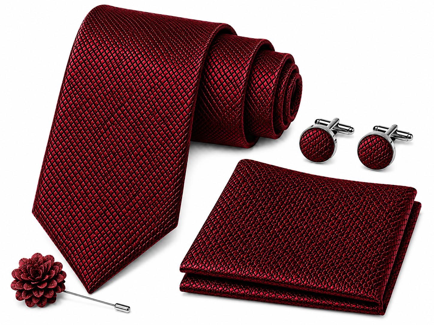 Random Stripe Men's Premium Sky Blue & 6 colors Woven Necktie Set with Pocket Square, Cufflinks & Lapel Flower Pin-picture-31