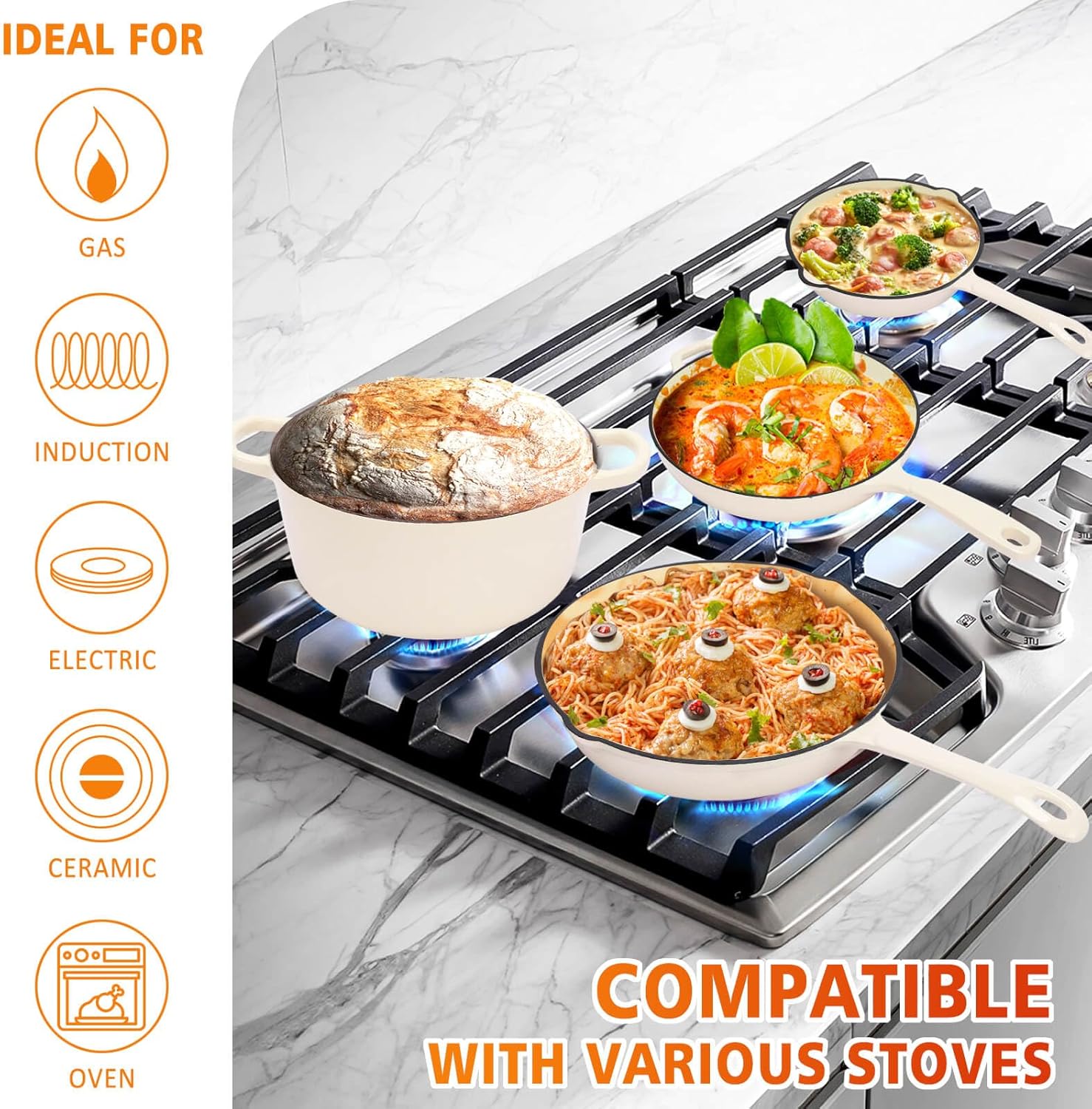 Enameled Cast Iron Cookware Set, 5-Piece Ceramic Coated Pots & Pans with Dutch Oven and Lid, PFAS/PTFE/PFOA-Free, Induction Gas Oven Safe, Cream White Cookware Set - Image 6