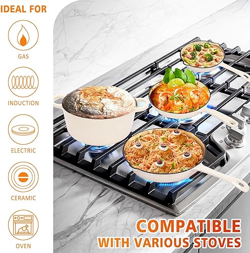 Miniatura 6 de Juego de ollas y sartenes de hierro fundido esmaltado, juego de 5 piezas de ollas y sartenes con revestimiento cerámico con horno holandés y tapa,